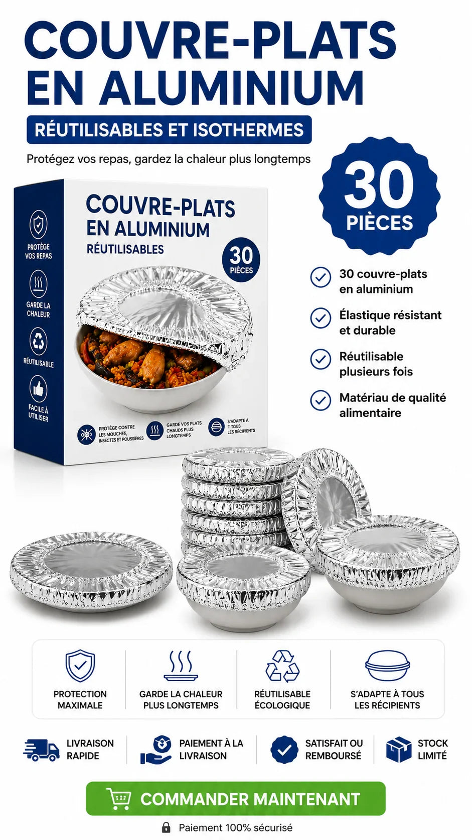 COUVRE-PLATS ISOTHERMES – Protégez Vos Repas avec Assurance - un lot de 30 pcs